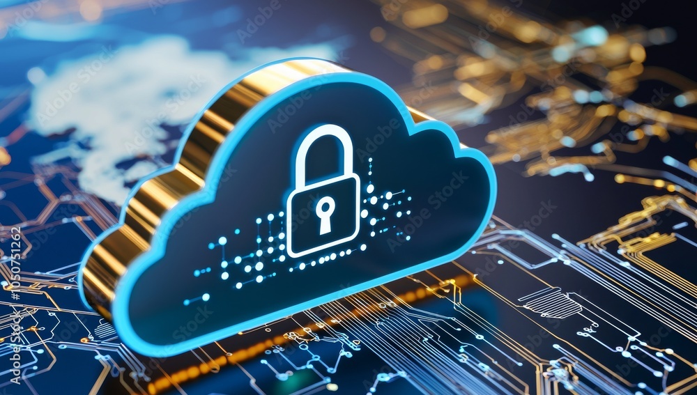 Aufkleber glowing blue cloud with a padlock icon floating above it on a dark background, symbolizing security 