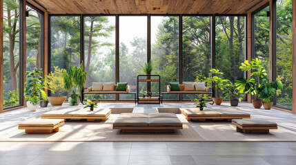 Fototapeta premium Minimalist living room in an eco-friendly home with large windows showcasing a forest view, featuring wooden accents and indoor plants.