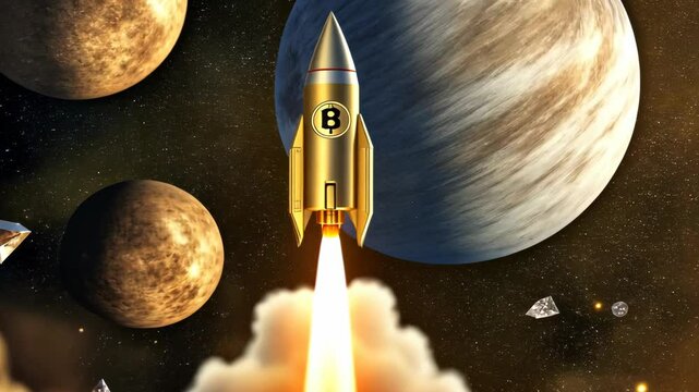 A golden rocket with the Bitcoin logo is taking off into space.