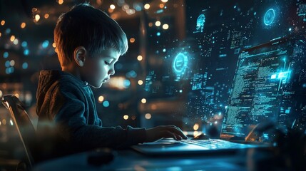 A young coder child testing new software, with futuristic devices and holograms around