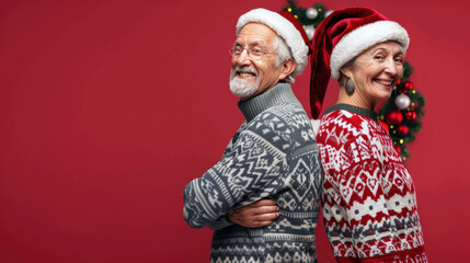 Fototapeta premium Joyful elderly couple in Christmas hats, embracing and laughing against a festive red background, surrounded by holiday decor.