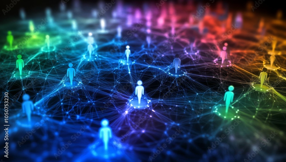 Poster colorful network of interconnected people represented by glowing nodes on an intricate grid, symboli
