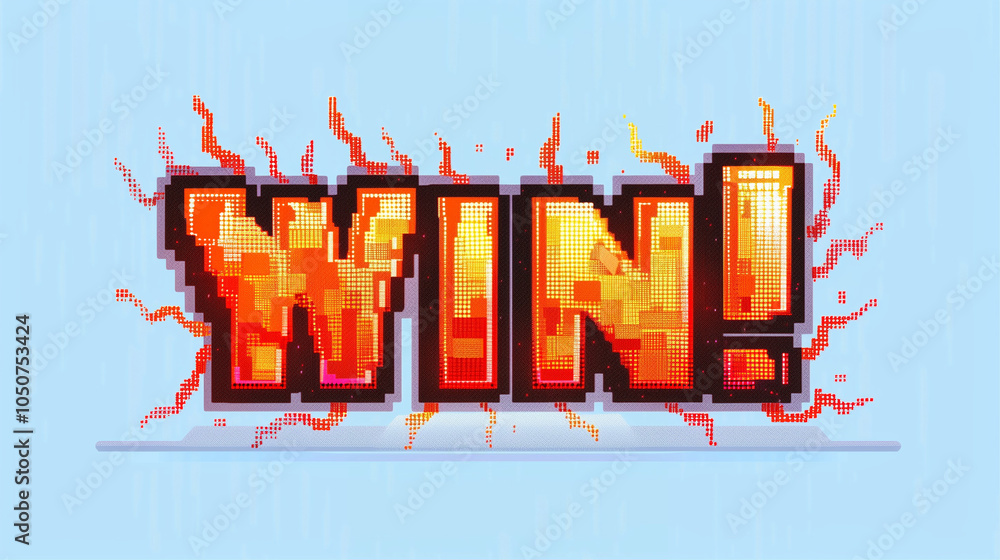 Poster pixelated text win with vibrant graphic elements and dynamic effects