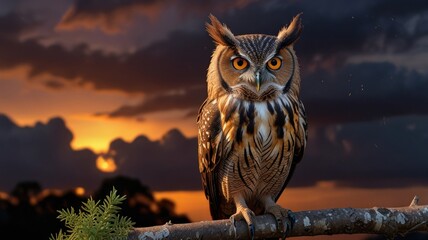 A majestic owl with piercing yellow eyes stares intently at the camera against a backdrop of a vibrant sunset.