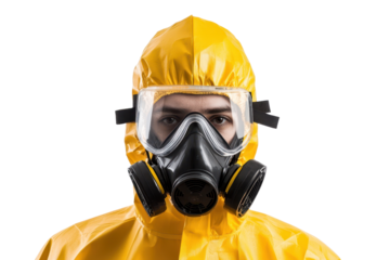 Person in yellow protective suit and gas mask.