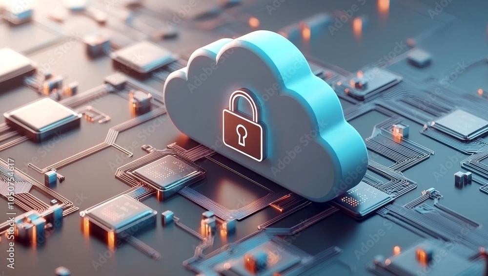Poster glowing blue cloud with a padlock icon floating above it on a dark background, symbolizing security 