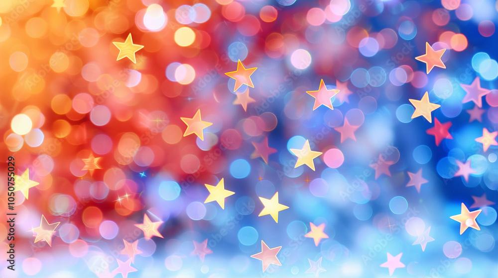 Poster stars on abstract bokeh background with colorful lights and shimmer effects