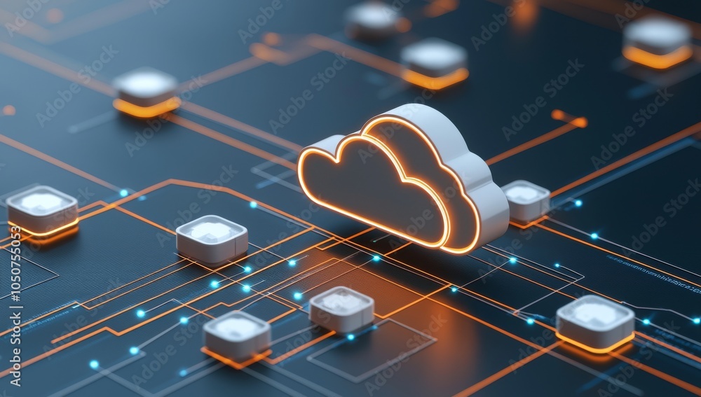 Poster glowing blue cloud with a padlock icon floating above it on a dark background, symbolizing security 