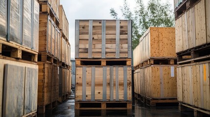 Wooden case stack in warehouse, Custom Crates for Logistics and Distribution in Clean Warehouse Interior.	