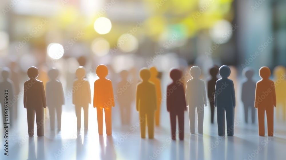 Poster a diverse group of 3d figures symbolizing unity against a softly blurred city park backdrop, reflect