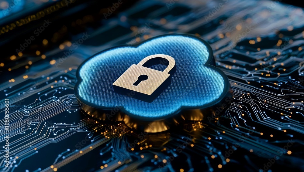 Poster glowing blue cloud with a padlock icon floating above it on a dark background, symbolizing security 