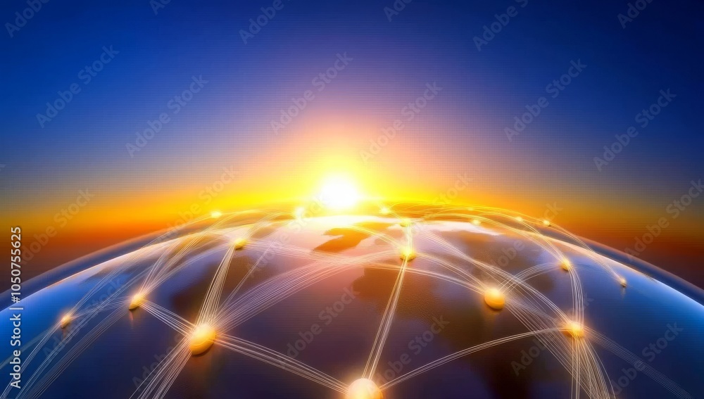 Poster global map with interconnected nodes symbolizing network connections, viewed from above at sunset
