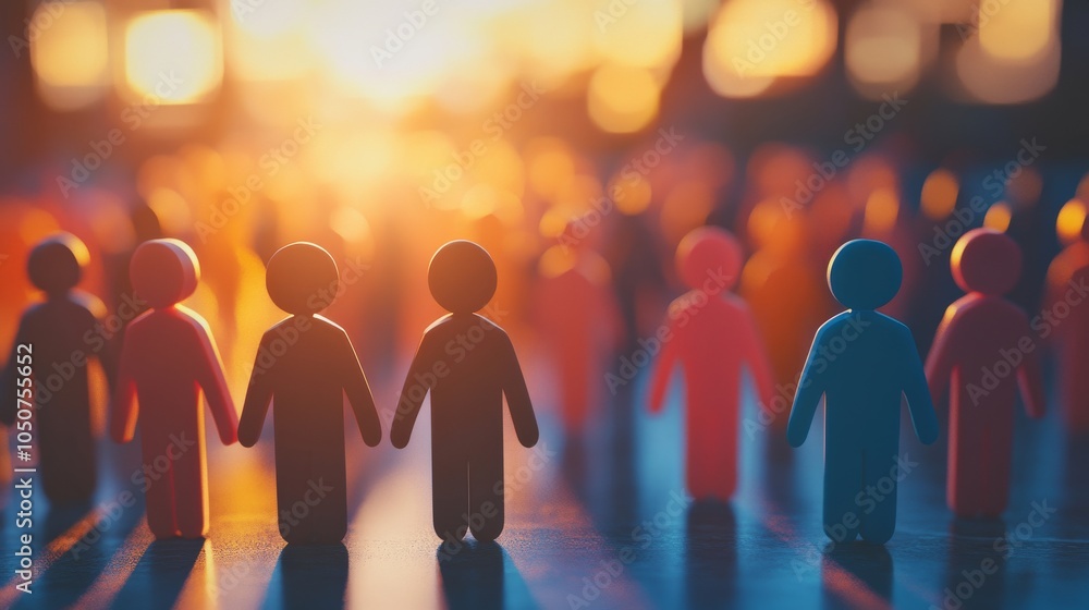 Poster a diverse group of 3d figures symbolizing unity against a softly blurred city park backdrop, reflect