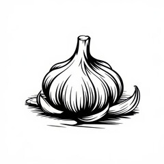 Hand-drawn style garlic bulb illustration in black and white.
