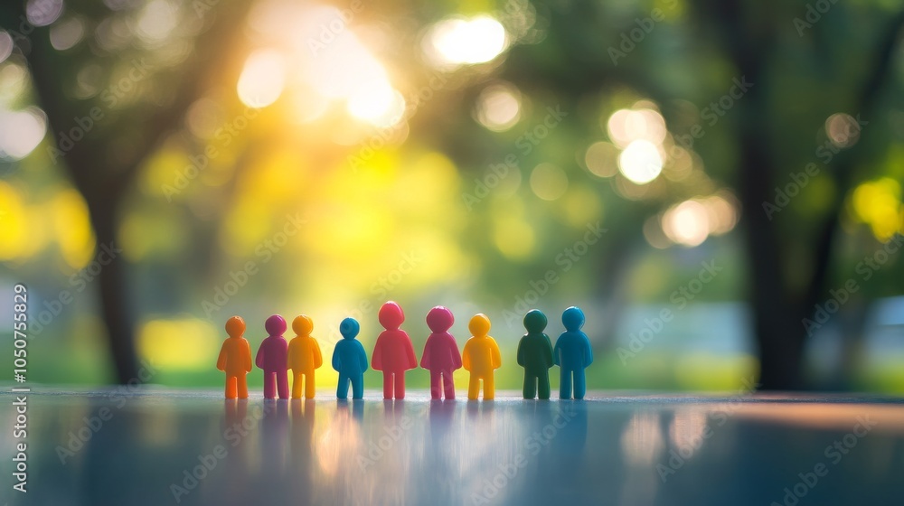 Poster A diverse group of 3D figures symbolizing unity against a softly blurred city square backdrop, Reflecting inclusivity in urban gatherings, photography style