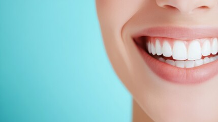 Obraz premium Close-up of a woman's smile with white teeth, featuring clear skin and natural lips on a white background