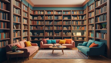 A cozy library setting created with modeling clay, showcasing shelves filled with colorful books, comfortable reading nooks, and happy readers, Generative AI
