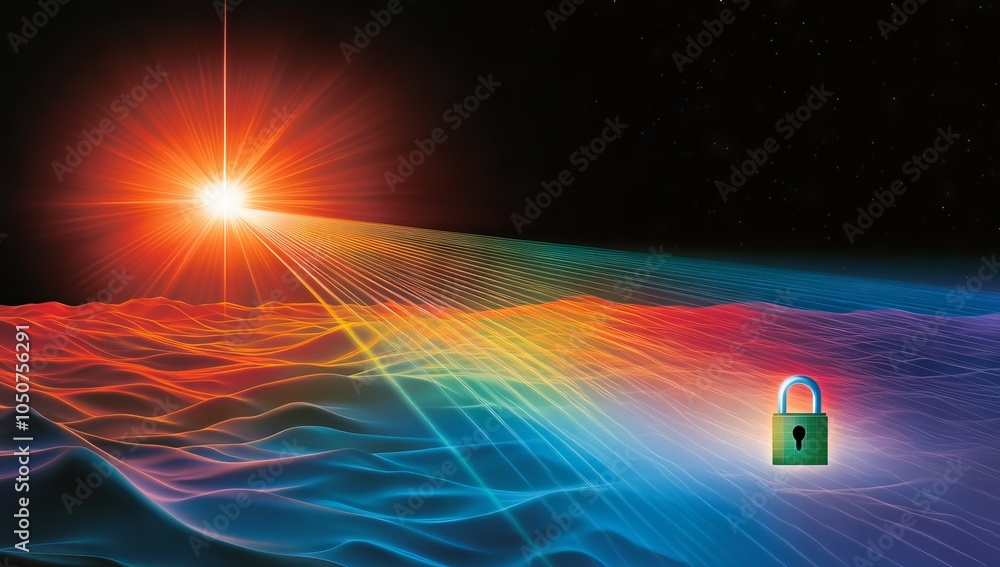 Poster digital illustration depicting an abstract representation of the sun's laser beams passing through t