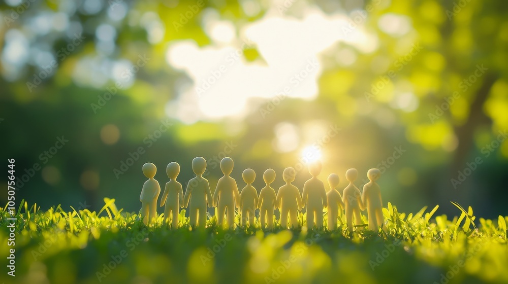 Poster A diverse group of 3D figures symbolizing unity against a softly blurred community park backdrop, Reflecting inclusivity in neighborhood spaces, photography style