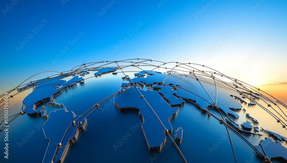 Poster global map with interconnected nodes symbolizing network connections, viewed from above at sunset
