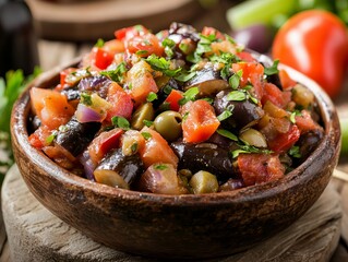 Caponata. The most popular Italian dishes. Colorful eggplant stew, often served warm or at room temperature. Composition: Eggplant, tomatoes, celery, olives, capers, vinegar.