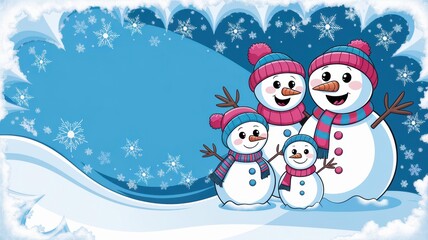 Fototapeta premium Cheerful Cartoon Snowmen Family Colorful Hats Scarves Blue Background - Perfect Holiday Greeting Cards, Winter Event Promotions, Festive Celebrations