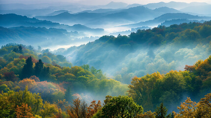 Naklejka premium Balkan forest, Mountainous terrain covered in lush forests, Misty morning light, Layers of green and blue hues, Tranquil and majestic landscape