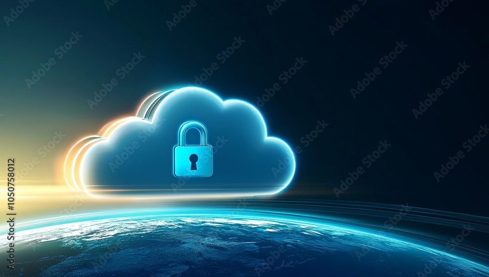 Poster glowing blue cloud with a padlock icon floating above it on a dark background, symbolizing security 