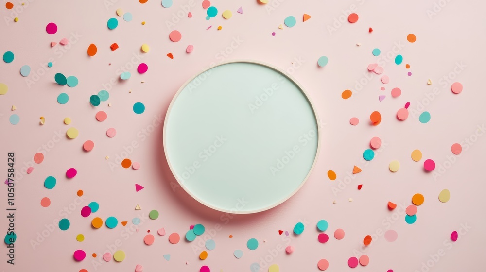 Aufkleber pastel confetti scattered around a blank circular plate on a pink background. ideal for merry christ