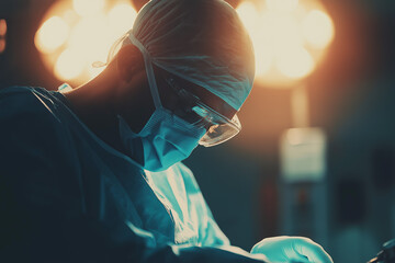 Surgeon performing delicate procedure under bright surgical lights, focused expression, sterile operating room environment, medical expertise in action, healthcare setting, selective focus

