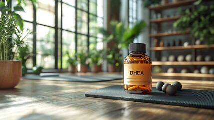 A scientific representation of the DHEA molecule, shown as a model against a light background