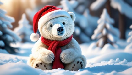 cute polar bear in a Christmas hat sits in the middle of a snowy forest