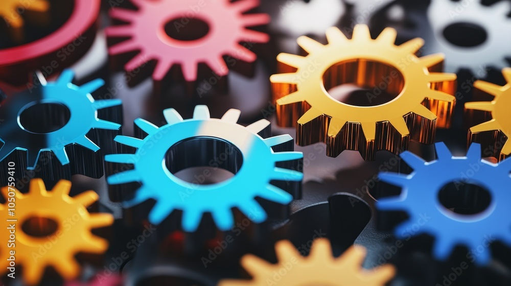 Poster a dramatic depiction of different colored, interlocking gears working in unison within a sleek, mode