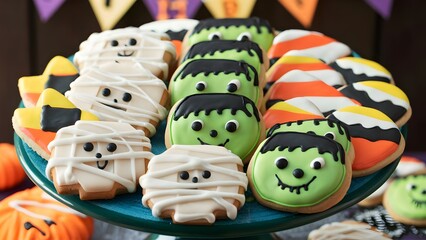 Naklejka premium Colorful Array of Halloween Desserts with Mummy and Frankenstein Designs