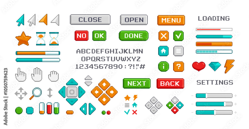 Poster Perfect Pixel PC interface cursors, buttons and game menu, app ui interface. Retro video game elements. Dowloading bar and Levels start menu. 8-bit Pixel game buttoms and icons vector set