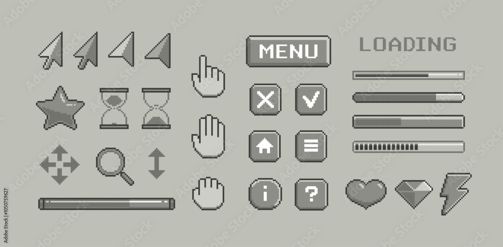 Poster Pixel buttons and icons video game menu elements. Perfect Pixel PC interface cursors for game menu, app ui interface. Dowload bar and Levels start menu. 8-bit . Vector set