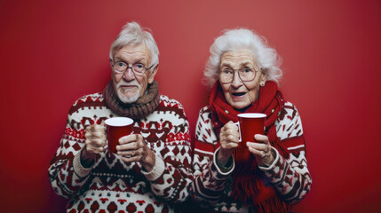 Two elderly Caucasians, a male and a female, holding red mugs, dressed in festive knit sweaters against a red background, exhibiting surprised expressions.