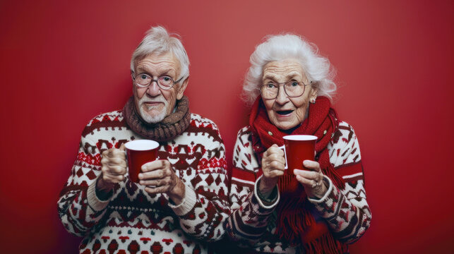 Two elderly Caucasians, a male and a female, holding red mugs, dressed in festive knit sweaters against a red background, exhibiting surprised expressions. - Powered by Adobe