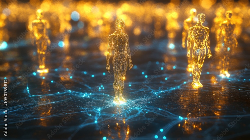 Poster a digital representation of interconnected figures in a glowing network.