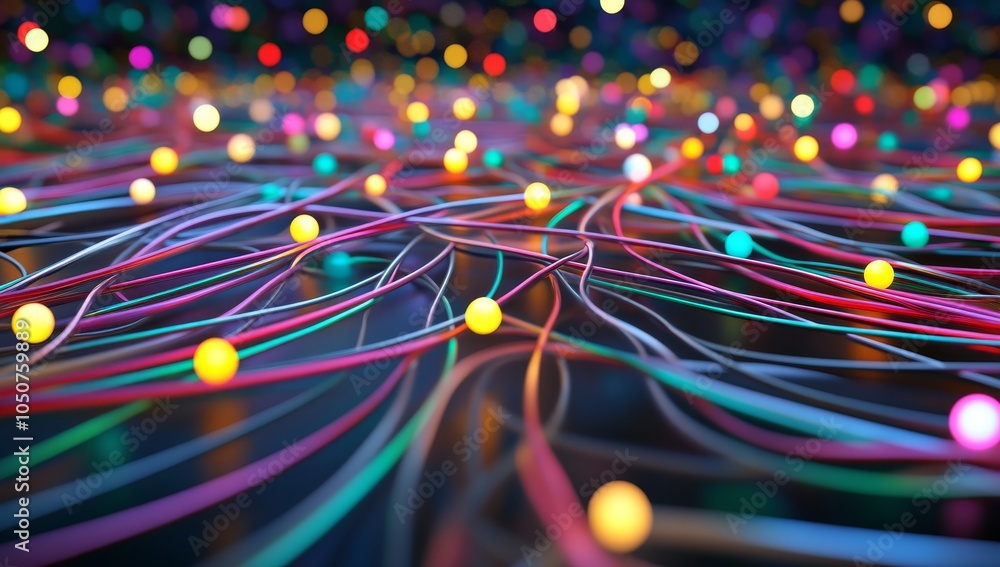 Poster colorful network of interconnected people represented by glowing nodes on an intricate grid, symboli