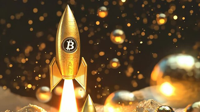 A golden rocket with the Bitcoin logo is taking off into space.