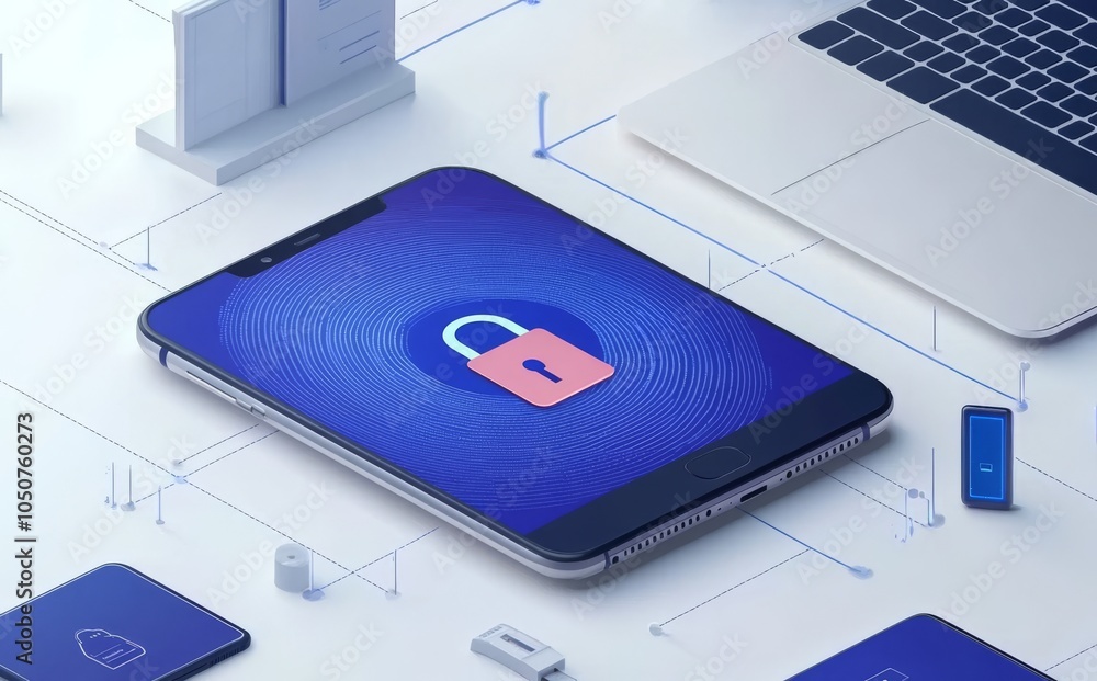 Poster the concept of cloud security and data protection, featuring icons of mobile devices, digital padloc
