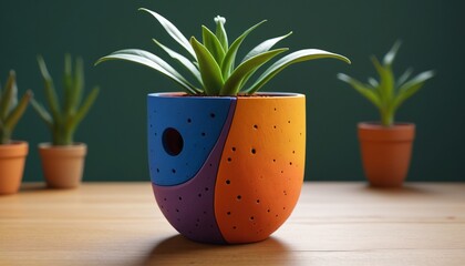 A vibrant plant pot crafted from bright plasticine, showcasing a unique design, lively colors, and a drainage hole that ensures healthy growth for indoor plants, Generative AI