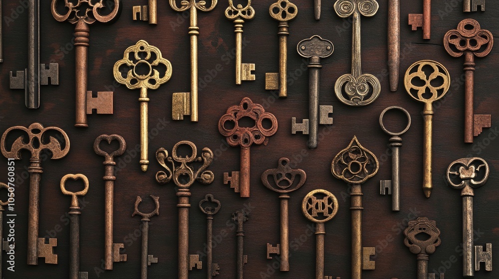 Poster a dramatic image of a diverse collection of vintage keys, each with unique designs, arranged to form