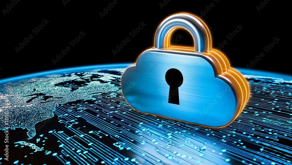 Poster glowing blue cloud with a padlock icon floating above it on a dark background, symbolizing security 