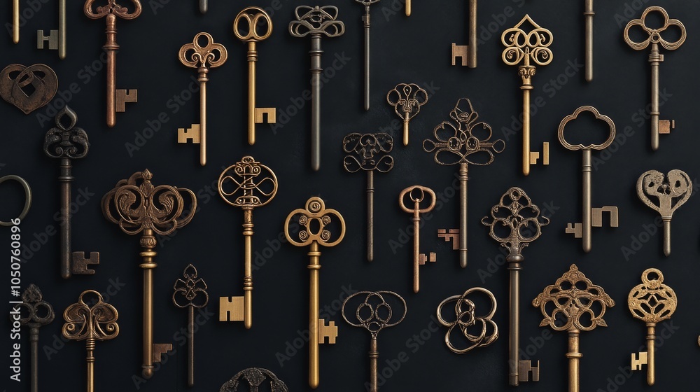 Poster a dramatic image of a diverse collection of vintage keys, each with unique designs, arranged to form