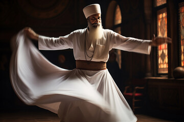 Whirling dervish in traditional white attire in a spiritual ceremony