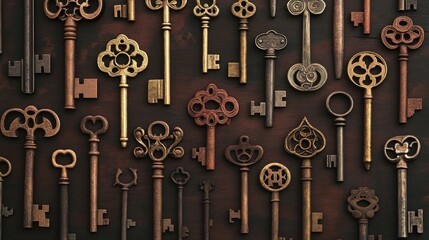 A dramatic image of a diverse collection of vintage keys, each with unique designs, arranged to form a harmonious