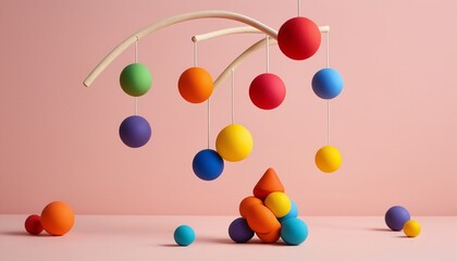 A charming mobile crafted from vibrant plasticine, showcasing playful shapes and colors that gently sway, adding a whimsical touch to nurseries or playrooms, Generative AI