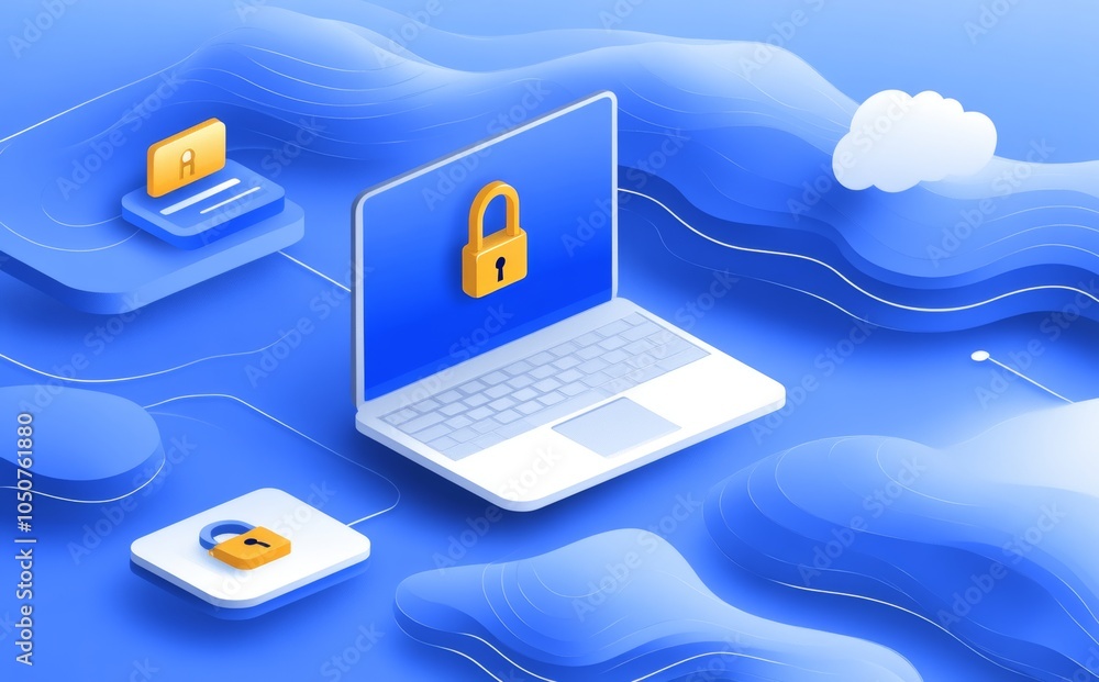 Poster the concept of cloud security and data protection, featuring icons of mobile devices, digital padloc